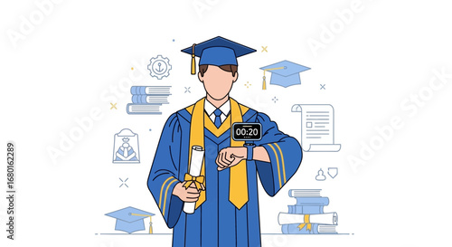 A proud graduate checks the time on his smartwatch at his graduation ceremony