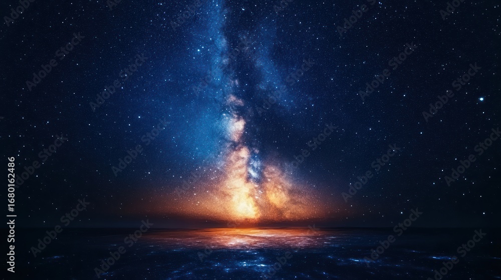 Vibrant Milky Way Galaxy and Starry Night Sky Reflected on a Glowing Cosmic Horizon with Blue and Gold Tones