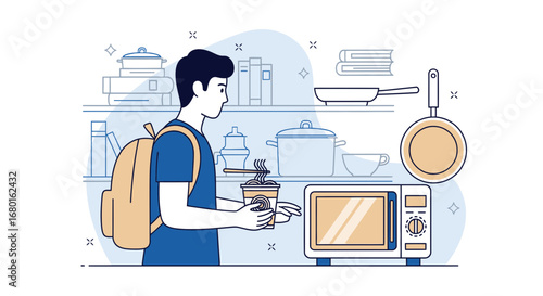 A student is preparing a quick noodle meal in the kitchen using a microwave oven