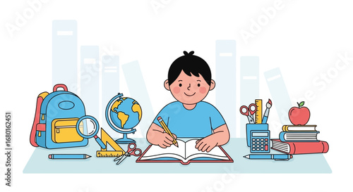 A student studies happily in his room with several books and school supplies around him, a student
