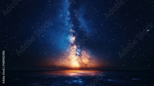 Vibrant Milky Way Galaxy and Starry Night Sky Reflected on a Glowing Cosmic Horizon with Blue and Gold Tones