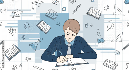 A young man is studying and writing in a book surrounded by education icons illustration