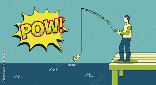 Comic illustration of a fisherman catching a fish near a pier, with a POW explosion speech bubble