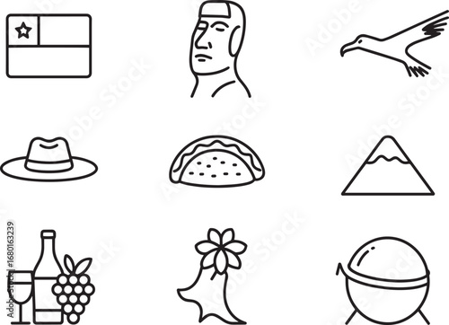 Chilean Culture and Landmarks Line Art Icon Set Featuring Flag, Moai Statue, and Traditional Food