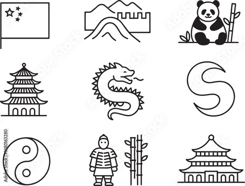 Chinese Culture and Landmarks Line Art Icon Set Featuring Flag, Wall, and Panda Bear