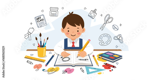 Boy drawing and writing in art class with creative tools and education concept