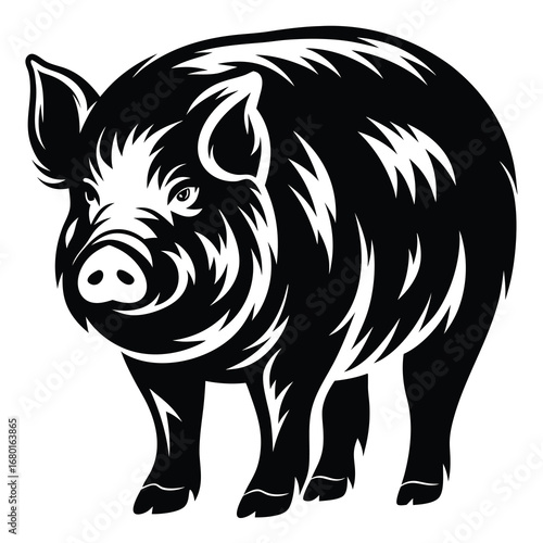 Stylized Vector Illustration of a Black and White Wild Boar Silhouette