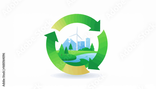 Circular economy image depicting a green city powered by renewable energy.
