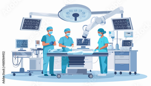 Surgical team performing robotic surgery in a modern operating room.
