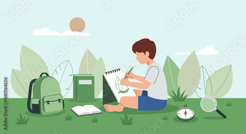 Creative boy drawing nature outside with school supplies and green plants