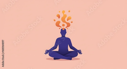 A seated figure in a meditation pose, surrounded by abstract orange shapes, evokes a sense of peaceful contemplation.