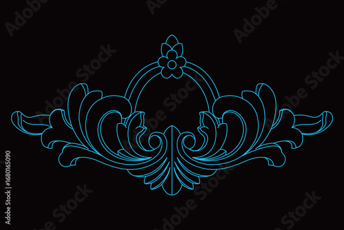 Detailed symmetrical decorative ornament design shows elegant classical scroll patterns.