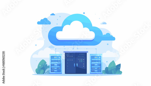 Cloud computing data center with servers and network connections.