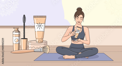 Daily skincare routine illustration featuring a woman applying sunscreen and makeup
