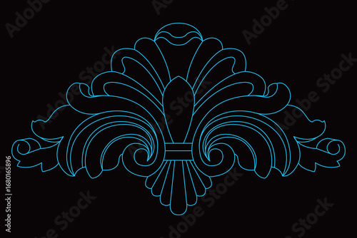 An elegant symmetrical decorative element features detailed curling foliage on a white background.