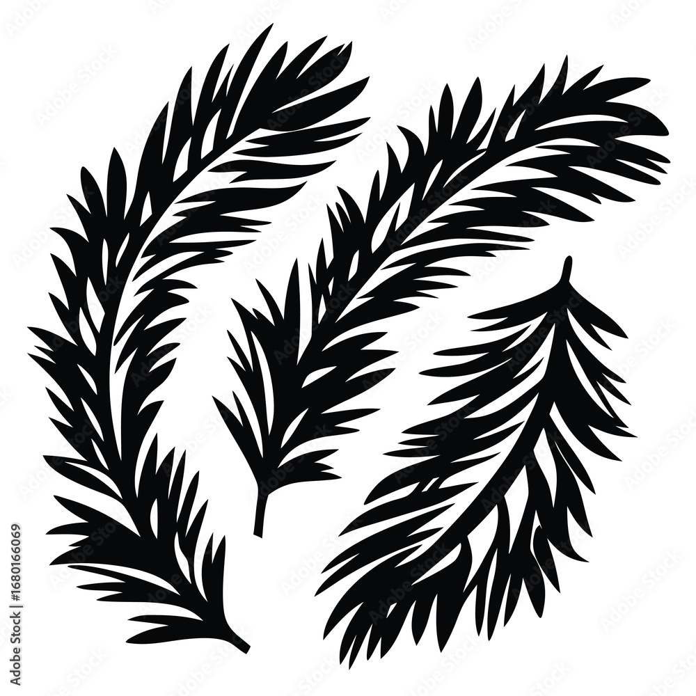Obraz premium Silhouette illustration of several branches of evergreen tree or coniferous leaves