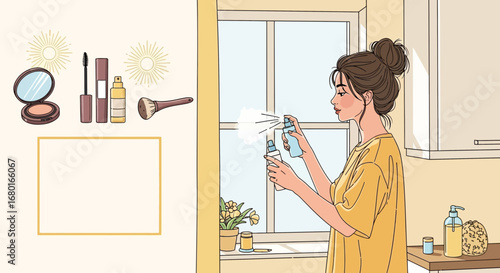 Daily routine illustration featuring skincare and makeup application in a beauty context