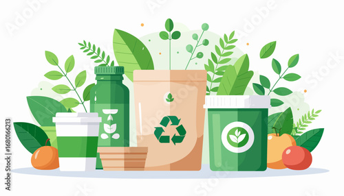 Eco-friendly products and packaging surrounded by lush green leaves.