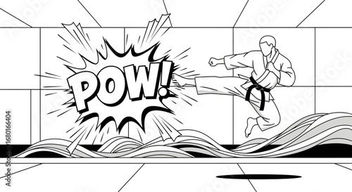 Dynamic karateka delivers a powerful kick in a comic book-style black and white scene