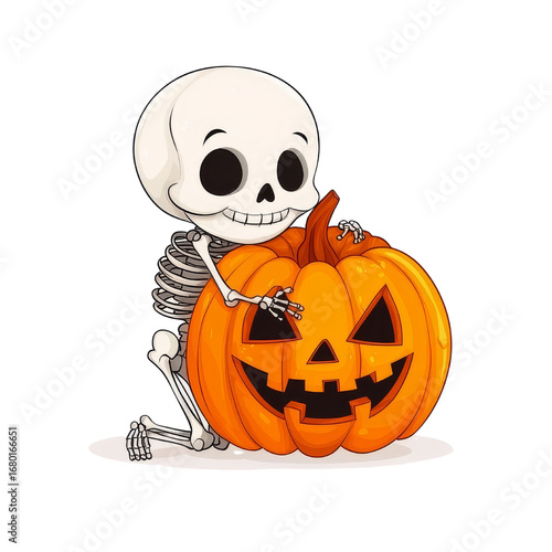 Cute skeleton with a carved pumpkin for Halloween