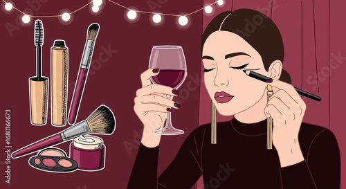 Elegant woman applying makeup while enjoying a glass of wine in a festive ambiance