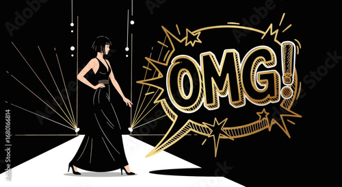 Elegant woman in black dress with OMG graphic on a stylish dark background