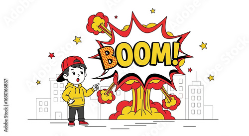 Energetic boy with backward red hat pointing at 'BOOM' in city skyline cartoon illustration