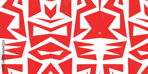 Abstract geometric pattern in red and white, featuring symmetrical shapes reminiscent of tribal masks or stylized figures.