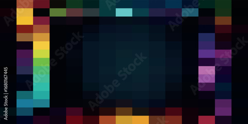 Abstract frame created with colorful mosaic tiles surrounding a dark, blurred center.