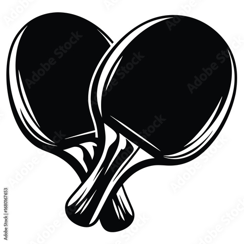 Two overlapping ping pong paddles in a black and white illustration