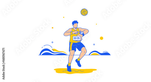 Flat vector design illustrating a man playing volleyball and checking the time on his watch on