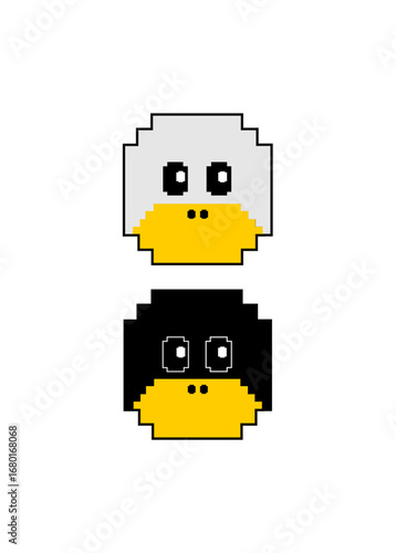 Pixel art of two cute duck faces stacked vertically, one white with a yellow beak and one black with a yellow beak, both with big round eyes on a plain background.