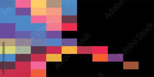 Abstract pixelated design featuring a gradient of vibrant colors against a stark black background, creating a modern and geometric composition.