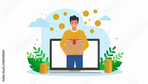 Happy man receiving a gift box and gold coins from a laptop screen.