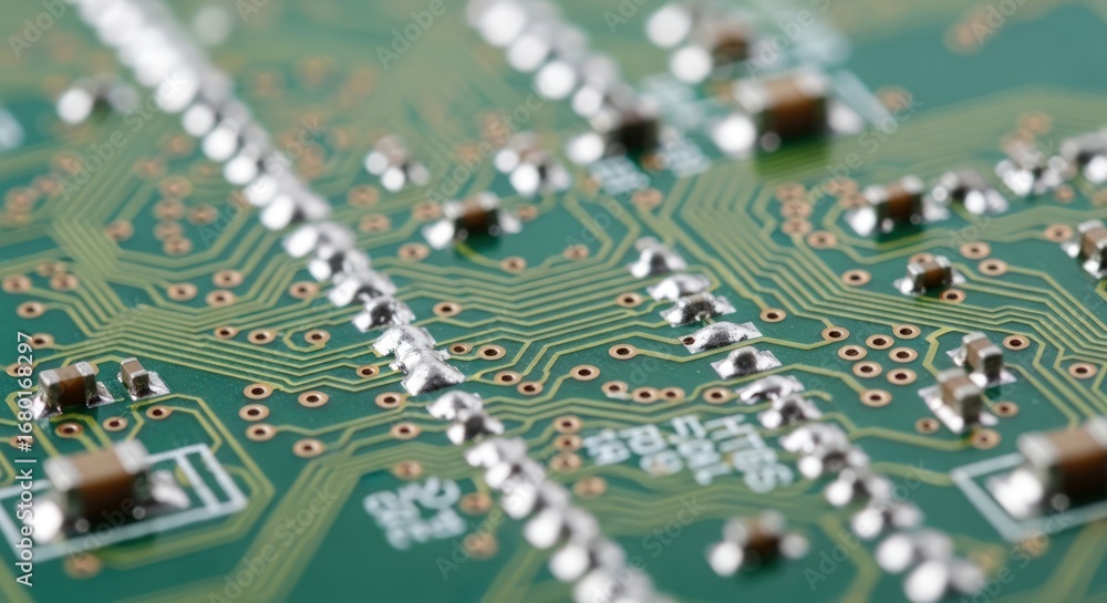 Obraz premium Macro Shot of a Green Printed Circuit Board with Integrated Components