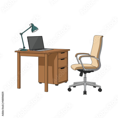 A 3D render of a modern office with a person working at a desk with a computer, chair, and laptop