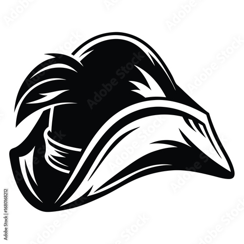 A black and white illustration of a tricorne hat often used for historical representations