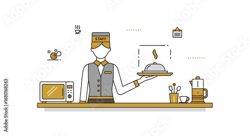 Hotel staff member offering room service concept illustration for hospitality industry