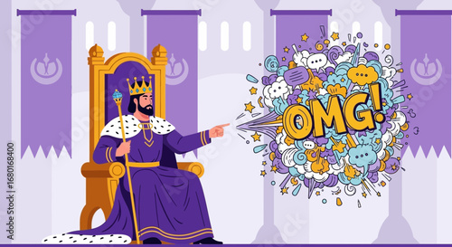 Humorous illustration of a king expressing shock with a burst of OMG expression graphic
