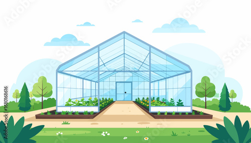 A large glass greenhouse with various plants growing inside, surrounded by trees and a grassy area.