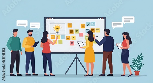 A diverse team engaged in a collaborative brainstorming session, utilizing a large interactive whiteboard and sticky notes, showcasing a creative process.
