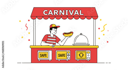 Illustration of a carnival food stand worker serving a hot dog cheerfully