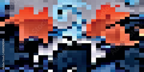 Abstract pixelated image featuring a light blue figure with orange shapes against a dark blue background.