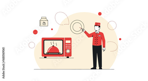 Illustration of a chef presenting a meal heated in a microwave oven concept