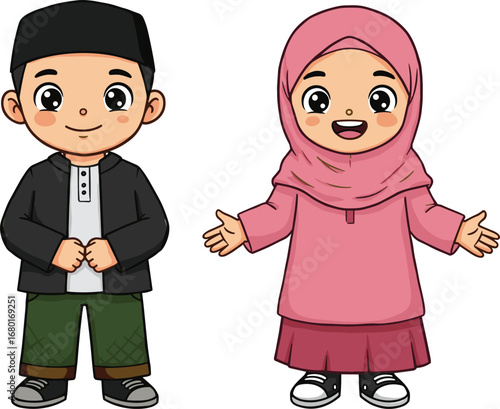 Cute Muslim boy and girl cartoon character in traditional Islamic clothing, happy children wearing hijab and kufi, smiling kids illustration design