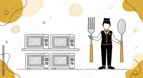 Illustration of a cook holding cutlery with microwaves in the background showing culinary arts