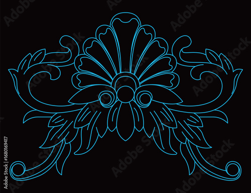 Detailed symmetrical botanical illustration with elegant flowing scroll patterns and leaves.