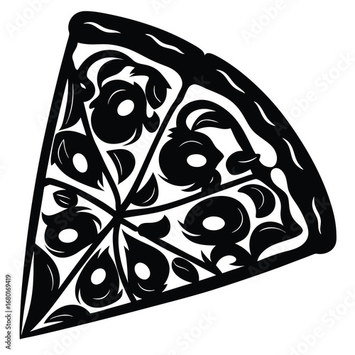 Artistically designed pizza slice featuring circular elements and intricate black shapes