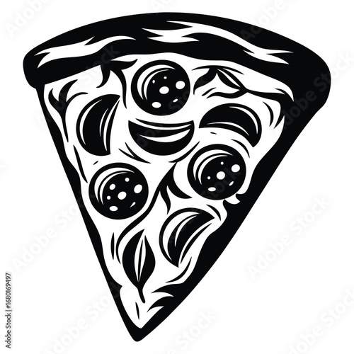 Monochrome illustration of a slice of pizza with various delicious toppings