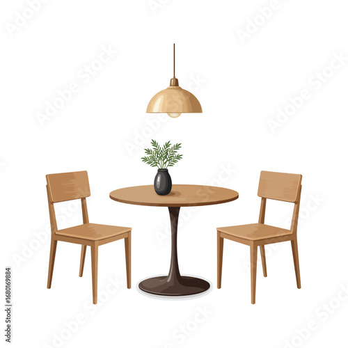 Modern interior of a dining room with a stylish wooden table and chairs, illuminated by natural light